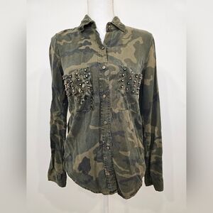 Zara Green Camouflage Button Down Shirt with Stud Accents